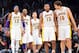 Jan 27, 2013; Los Angeles, CA, USA; Los Angeles Lakers center Dwight Howard (12), shooting guard Kobe Bryant (24), point guard Steve Nash (10), small forward Metta World Peace (15) and power forward Pau Gasol (16) during a stoppage in play against the Oklahoma City Thunder during the second half at Staples Center. Mandatory Credit: Gary A. Vasquez-USA TODAY Sports