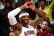 ATLANTA, GA - FEBRUARY 20: Josh Smith #5 of the Atlanta Hawks reacts after a basket by the Miami Heat at Philips Arena on February 20, 2013 in Atlanta, Georgia. NOTE TO USER: User expressly acknowledges and agrees that, by downloading and or using this photograph, User is consenting to the terms and conditions of the Getty Images License Agreement. (Photo by Kevin C. Cox/Getty Images)