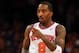 NEW YORK, NY - FEBRUARY 13: J.R. Smith #8 of the New York Knicks celebrates a basket in the first half against the Toronto Raptors on February 13, 2013 at Madison Square Garden in New York City. NOTE TO USER: User expressly acknowledges and agrees that, by downloading and/or using this photograph, user is consenting to the terms and conditions of the Getty Images License Agreement. (Photo by Elsa/Getty Images)