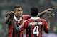 MILAN, ITALY - FEBRUARY 20: Kevin Prince Boateng and Sulley Muntari of AC Milan celebrate victory at the end of the UEFA Champions League Round of 16 first leg match between AC Milan and Barcelona at San Siro Stadium on February 20, 2013 in Milan, Italy. (Photo by Claudio Villa/Getty Images)
