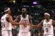 BOSTON, MA - JUNE 03: (L-R) Paul Pierce #34, Kevin Garnett #5 and Rajon Rondo #9 of the Boston Celtics celebrate a play against the Miami Heat in Game Four of the Eastern Conference Finals in the 2012 NBA Playoffs on June 3, 2012 at TD Garden in Boston, Massachusetts. The Celtics won 93-91. NOTE TO USER: User expressly acknowledges and agrees that, by downloading and or using this photograph, User is consenting to the terms and conditions of the Getty Images License Agreement. (Photo by Jim Rogash/Getty Images)