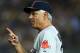 NEW YORK, NY - OCTOBER 03: Manager Bobby Valentine #25 of the Boston Red Sox calls to the bullpen as he heads out to the pitcher's mound against the New York Yankees on October 3, 2012 at Yankee Stadium in the Bronx borough of New York City. (Photo by Elsa/Getty Images)