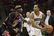 Apr 18, 2012; Charlotte, NC, USA Charlotte Bobcats guard Gerald Henderson (15) looks to pass the ball while being guarded by Chicago Bulls shooting guard Richard Hamilton (32) during the second half. The Bulls defeated the Bobcats 100-68 at Time Warner Cable Arena. Mandatory Credit: Jeremy Brevard-USA TODAY Sports