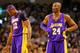 BOSTON, MA - FEBRUARY 7: Kobe Bryant #24 and Dwight Howard #12 of the Los Angeles Lakers look on following a foul against the Boston Celtics during the game on February 7, 2013 at TD Garden in Boston, Massachusetts. NOTE TO USER: User expressly acknowledges and agrees that, by downloading and or using this photograph, User is consenting to the terms and conditions of the Getty Images License Agreement. (Photo by Jared Wickerham/Getty Images)
