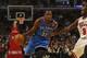 CHICAGO, IL - NOVEMBER 08: Kevin Durant #35 of the Oklahoma City Thunder drives against Loul Deng #9 of the Chicago Bulls at the United Center on November 8, 2012 in Chicago, Illinois. The Thunder defeated the Bulls 97-91. NOTE TO USER: User expressly acknowledges and agrees that, by downloading and or using this photograph, User is consenting to the terms and conditions of the Getty Images License Agreement. (Photo by Jonathan Daniel/Getty Images)