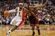 MIAMI, FL - FEBRUARY 07: LeBron James #6 of the Miami Heat drives on Alonzo Gee #33 of the Cleveland Cavaliers during a game at American Airlines Arena on February 7, 2012 in Miami, Florida. NOTE TO USER: User expressly acknowledges and agrees that, by downloading and/or using this Photograph, User is consenting to the terms and conditions of the Getty Images License Agreement. (Photo by Mike Ehrmann/Getty Images)