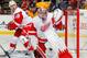 DETROIT, MI - FEBRUARY 23: Jimmy Howard #35 of the Detroit Red Wings makes a second period save next to teammate Ian White #18 and Mike Fisher #12 of the Nashville Predators at Joe Louis Arena on February 23, 2013 in Detroit, Michigan. (Photo by Gregory Shamus/Getty Images)
