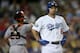 LOS ANGELES, CA - OCTOBER 02: Shane Victorino #8 of the Los Angeles Dodgers reacts after what he though was ball four was ruled a swing for a strike out in the third inning against the San Francisco Giants on October 2, 2012 at Dodger Stadium in Los Angeles, California. (Photo by Stephen Dunn/Getty Images)