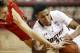 Feb 19, 2013; Chestnut Hill, MA, USA; Maryland Terrapins guard/forward Jake Layman (left) and Boston College Eagles guard Olivier Hanlan (21) battle for a loose ball during the second half at Conte Forum. The Boston College Eagles won 69-58. Mandatory Credit: Greg M. Cooper-USA TODAY Sports