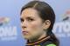 Feb 24, 2013; Daytona Beach, FL, USA; NASCAR Sprint Cup Series driver Danica Patrick reacts at a press conference after the 2013 Daytona 500 at Daytona International Speedway. Mandatory Credit: John David Mercer-USA TODAY Sports