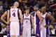 PHOENIX, AZ - JANUARY 24: Goran Dragic #1 (C) of the Phoenix Suns stands with teammates (L-R) Luis Scola #14, Marcin Gortat #4, Jared Dudley #3 and P.J. Tucker #17 during the NBA game at US Airways Center on January 24, 2013 in Phoenix, Arizona. The Suns defeated the Clippers 93-88. NOTE TO USER: User expressly acknowledges and agrees that, by downloading and or using this photograph, User is consenting to the terms and conditions of the Getty Images License Agreement. (Photo by Christian Petersen/Getty Images)