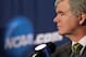 WASHINGTON - MARCH 17: NCAA President Mark Emmert address the media during a press conference before the second round of the 2011 NCAA men's basketball tournament at the Verizon Center on March 17, 2011 in Washington, DC. (Photo by Nick Laham/Getty Images)