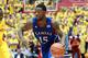 Feb 25, 2013; Ames IA, USA; Kansas Jayhawks player Elijah Johnson (15) dribbles up the floor in the second half against the Iowa State Cyclones at Hilton Coliseum. Kansas beat Iowa State 108-96. Mandatory Credit: Reese Strickland-USA TODAY Sports