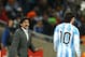 JOHANNESBURG, SOUTH AFRICA - JUNE 27: Diego Maradona head coach of Argentina gestures to Lionel Messi of Argentina during the 2010 FIFA World Cup South Africa Round of Sixteen match between Argentina and Mexico at Soccer City Stadium on June 27, 2010 in Johannesburg, South Africa. (Photo by Richard Heathcote/Getty Images)