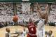 Feb. 19, 2013; East Lansing, MI, USA; Indiana Hoosiers guard Victor Oladipo (4) drives to the basket against Michigan State Spartans center Adreian Payne (5) during the second half at Jack Breslin Students Events Center. Indiana won 72-68. Mandatory Credit: Mike Carter-USA TODAY Sports