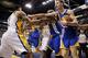 Feb 26 2013; Indianapolis, IN, USA; Golden State Warriors guard Stephen Curry (30) steals a pass intended for Indiana Pacers center Roy Hibbert (55) at Bankers Life Fieldhouse. Mandatory Credit: Brian Spurlock-USA TODAY Sports