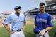 July 9, 2012; Kansas City, MO, USA; American League outfielder Mike Trout (left) of the Los Angeles Angels talks with National League outfielder Bryce Harper (right) of the Washington Nationals during practice for the 2012 All Star Game at Kauffman Stadium. Mandatory Credit: H. Darr Beiser-USA TODAY Sports via USA TODAY Sports