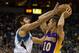 Feb 1, 2013; Minneapolis, MN, USA; Los Angeles Lakers guard Steve Nash (10) is guarded by Minnesota Timberwolves guard Ricky Rubio (9) during the second quarter at the Target Center. Mandatory Credit: Brace Hemmelgarn-USA TODAY Sports