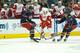 COLUMBUS, OH - JANUARY 21: Pavel Datsyuk #13 of the Detroit Red Wings flips the puck between R.J. Umberger #18 of the Columbus Blue Jackets and Derek Dorsett #15 of the Columbus Blue Jackets on January 21, 2013 at Nationwide Arena in Columbus, Ohio. (Photo by Kirk Irwin/Getty Images)
