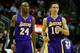 HOUSTON, TX - JANUARY 08: Kobe Bryant #24 and Steve Nash #10 of the Los Angeles Lakers walk across the court during their game against the Houston Rockets at Toyota Center on January 8, 2013 in Houston, Texas. NOTE TO USER: User expressly acknowledges and agrees that, by downloading and or using this photograph, User is consenting to the terms and conditions of the Getty Images License Agreement. (Photo by Scott Halleran/Getty Images)