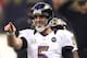NEW ORLEANS, LA - FEBRUARY 03: Joe Flacco #5 of the Baltimore Ravens points to Jacoby Jones #12 after Jones returned a kick-off 108 yards for a touchdown in the third quarter against the San Francisco 49ers during Super Bowl XLVII at the Mercedes-Benz Superdome on February 3, 2013 in New Orleans, Louisiana. (Photo by Ronald Martinez/Getty Images)