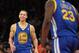 NEW YORK, NY - FEBRUARY 27: Stephen Curry #30 of the Golden State Warriors is greeted by Draymond Green #23 after breaking the 50 point mark en route to a total of 54 in the game against the New York Knicks at Madison Square Garden on February 27, 2013 in New York City. NOTE TO USER: User expressly acknowledges and agrees that, by downloading and/or using this photograph, user is consenting to the terms and conditions of the Getty Images License Agreement. The Knicks defeated the Warriors 109-105. (Photo by Bruce Bennett/Getty Images)