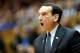 DURHAM, NC - JANUARY 26: Head coach Mike Krzyzewski of the Duke Blue Devils yells to his team during their game against the Maryland Terrapins at Cameron Indoor Stadium on January 26, 2013 in Durham, North Carolina. (Photo by Streeter Lecka/Getty Images)