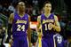 HOUSTON, TX - JANUARY 08: Kobe Bryant #24 and Steve Nash #10 of the Los Angeles Lakers walk across the court during their game against the Houston Rockets at Toyota Center on January 8, 2013 in Houston, Texas. NOTE TO USER: User expressly acknowledges and agrees that, by downloading and or using this photograph, User is consenting to the terms and conditions of the Getty Images License Agreement. (Photo by Scott Halleran/Getty Images)