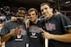 SPOKANE, WA - MARCH 02: Guards Gary Bell Jr. (l), Kevin Pangos (c) and Kyle Dranginis (r) of the Gonzaga Bulldogs celebrate their status as 2013 WCC Champions after the game against the Portland Pilots at McCarthey Athletic Center on March 2, 2013 in Spokane, Washington. (Photo by William Mancebo/Getty Images)