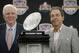 Jan 8, 2013; Fort Lauderdale FL, USA; Alabama Crimson Tide athletic director Mal Moore and head coach Nick Saban with the national championship coaches trophy during the winning coach press conference at Harbor Beach Marriott Resort & Spa following Alabama's 42-14 win over Notre Dame last night in the 2013 BCS National Championship game. Mandatory Credit: John David Mercer-USA TODAY Sports