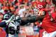KANSAS CITY, MO - NOVEMBER 13: Offensive tackle Branden Albert #76 of the Kansas City Chiefs blocks linebacker Von Miller #58 of the Denver Broncos during the first half on November 13, 2011 at Arrowhead Stadium in Kansas City, Missouri. Denver defeated Kansas City 17-10. (Photo by Peter Aiken/Getty Images)