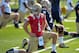 Aug. 4, 2012; South Bend, IN, USA; Notre Dame Fighting Irish quarterback Gunner Kiel (1) stretches during practice at the LaBar Practice Complex. Mandatory Credit: Matt Cashore-USA TODAY Sports