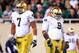 September 15, 2012; East Lansing, MI, USA; Notre Dame Fighting Irish defensive end Stephon Tuitt (7) and defensive lineman Louis Nix III (9) look over the Michigan State Spartans offense during the 2nd half at Spartan Stadium. Norte Dame won 20-3 Mandatory Credit: Mike Carter-USA TODAY Sports