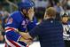NEW YORK, NY - MARCH 05: Marc Staal #18 of the New York Rangers is helped off the ice after he was hit in the face with a puck in the third period against the Philadelphia Flyers on March 5, 2013 at Madison Square Garden in New York City.The New York Rangers defeated the Philadelphia Flyers 4-2. (Photo by Elsa/Getty Images)