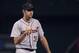 Oct 11, 2012; Oakland, CA, USA; Detroit Tigers starting pitcher Justin Verlander (35) pumps his fist as he returns to the dugout after the eighth inning of game five of the 2012 ALDS against the Oakland Athletics at O.co Coliseum. Mandatory Credit: Kelley L Cox-USA TODAY Sports