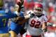 PASADENA, CA - OCTOBER 13: Defensive tackle Star Lotulelei #92 of the Utah Utes battles offensive lineman Torian White #77 of the UCLA Bruins as he rushes quarterback Brett Hundley #17 at the Rose Bowl on October 13, 2012 in Pasadena, California. UCLA won 21-14. (Photo by Stephen Dunn/Getty Images)