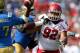 PASADENA, CA - OCTOBER 13: Defensive tackle Star Lotulelei #92 of the Utah Utes battles offensive lineman Torian White #77 of the UCLA Bruins as he rushes quarterback Brett Hundley #17 at the Rose Bowl on October 13, 2012 in Pasadena, California. UCLA won 21-14. (Photo by Stephen Dunn/Getty Images)