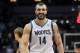 Dec 15, 2012; Minneapolis, MN, USA; Minnesota Timberwolves center Nikola Pekovic (14) smiles during overtime against the Dallas Mavericks at the Target Center. The Wolves defeated the Mavericks 114-106 in overtime. Mandatory Credit: Brace Hemmelgarn-USA TODAY Sports