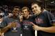 SPOKANE, WA - MARCH 02: Guards Gary Bell Jr. (l), Kevin Pangos (c) and Kyle Dranginis (r) of the Gonzaga Bulldogs celebrate their status as 2013 WCC Champions after the game against the Portland Pilots at McCarthey Athletic Center on March 2, 2013 in Spokane, Washington. (Photo by William Mancebo/Getty Images)