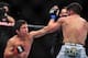 Feb 2, 2013; Las Vegas, NV, USA; Joseph Benavidez (left) lands a jab on Ian McCall (right) during UFC 156 at the Mandalay Bay Events Center. Mandatory Credit: Gary A. Vasquez-USA TODAY Sports