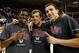 SPOKANE, WA - MARCH 02: Guards Gary Bell Jr. (l), Kevin Pangos (c) and Kyle Dranginis (r) of the Gonzaga Bulldogs celebrate their status as 2013 WCC Champions after the game against the Portland Pilots at McCarthey Athletic Center on March 2, 2013 in Spokane, Washington. (Photo by William Mancebo/Getty Images)