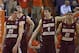 Mar 5, 2013; Clemson, SC, USA; Boston College Eagles guard Joe Rahon (25) forward Eddie Odio (4) and guard Olivier Hanlan (21) react during the first half against the Clemson Tigers at J.C. Littlejohn Coliseum. Mandatory Credit: Joshua S. Kelly-USA TODAY Sports