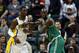 Mar 6, 2013; Indianapolis, IN, USA; Boston Celtics forward Kevin Garnett (5) guards Indiana Pacers center Roy Hibbert (55) at Bankers Life Fieldhouse. Mandatory Credit: Brian Spurlock-USA TODAY Sports