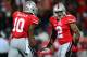 Oct 6, 2012; Columbus, OH, USA; Ohio State Buckeyes linebacker Ryan Shazier (10) and defensive back Christian Bryant (2) against the Nebraska Cornhuskers at Ohio Stadium. Mandatory Credit: Andrew Weber-USA TODAY Sports