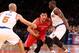 Dec. 17, 2012; New York, NY, USA; Houston Rockets point guard Jeremy Lin (7) drives to the net between New York Knicks point guard Jason Kidd (5) and guard Raymond Felton (2) during the first quarter at Madison Square Garden. Mandatory Credit: Debby Wong-USA TODAY Sports