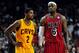 Feb 24, 2013; Miami, FL, USA; Cleveland Cavaliers point guard Kyrie Irving (2) and Miami Heat small forward LeBron James (6) during the second half at the American Airlines Arena. MIami won 109-105. Mandatory Credit: Steve Mitchell-USA TODAY Sports