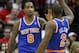 November 23, 2012; Houston, TX, USA; New York Knicks point guard Raymond Felton (2) congratulates J.R. Smith (8) during the first quarter against the Houston Rockets at Toyota Center. Mandatory Credit: Troy Taormina-USA TODAY Sports