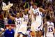 LAWRENCE, KS - MARCH 04: Travis Releford #24, Ben McLemore #23, Jeff Withey #5, and Kevin Young #40 of the Kansas Jayhawks celebrate after Withey hit a three-pointer during the game against the Texas Tech Red Raiders at Allen Fieldhouse on March 4, 2013 in Lawrence, Kansas. (Photo by Jamie Squire/Getty Images)