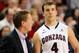 uFeb. 9, 2013; Spokane, WA, USA; Gonzaga Bulldogs guard Kevin Pangos (4) talks with head coach Mark Few during a game against the against Loyola Marymount Lions during the second half at the McCarthey Athletic Center. The Bulldogs beat the Lions by a final score of 74-55. Mandatory Credit: James Snook-USA TODAY Sports