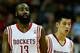 HOUSTON, TX - NOVEMBER 23: James Harden #13 and Jeremy Lin #7 of the Houston Rockets wait for a play against the New York Knicks at the Toyota Center on November 23, 2012 in Houston, Texas. NOTE TO USER: User expressly acknowledges and agrees that, bagainst the Newy downloading and or using this photograph, User is consenting to the terms and conditions of the Getty Images License Agreement. (Photo by Scott Halleran/Getty Images)
